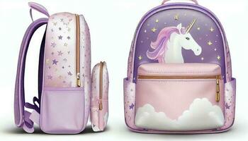 frio unicornio niños muchachas cuero mochila con decorativo nubes y estrellas. generar ai. foto