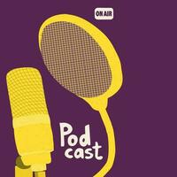 Cover for a podcast show. Studio microphone with pop filter. Yellow illustration on a purple background. Hand drawing illustration for blogging. vector