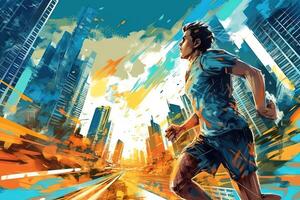 Active and fit lifestyle concept of a jogger gainst a picturesque urban skyline, symbolizing health, fitness, and urban exploration, manga style illustration photo