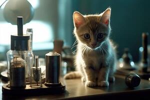 Curious kitten exploring his owner lab illustration photo