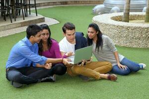 group of Asian young man woman friend student colleagues sting on green grass talk mingle discuss study computer laptop photo