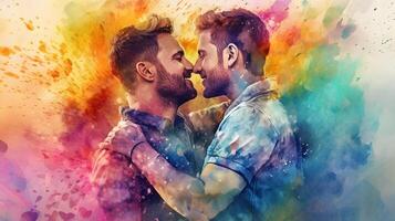 Gay couple hugging wallpaper, young handscome men, watercolor painting, photo