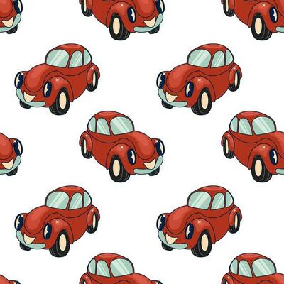 Retro car seamless pattern. Cartoon Transportation Background for Kids. Vector Seamless Pattern with doodle Toy Cars and Traffic signs