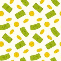 Money rain flat cartoon Seamless pattern. Green paper notes and gold coin flying in air. Money banknotes flying wite background, various banknotes, different coins. Money float. Vector illustration.