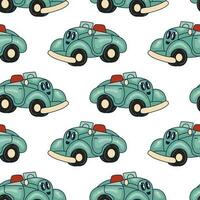 Retro car seamless pattern. Cartoon Transportation Background for Kids. Vector Seamless Pattern with doodle Toy Cars and Traffic signs