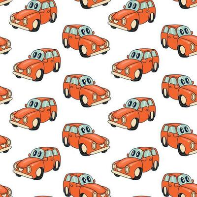 Retro car seamless pattern. Cartoon Transportation Background for Kids. Vector Seamless Pattern with doodle Toy Cars and Traffic signs