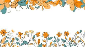 Spring Colorful botanical flat vector Horizontal illustration on white background. Banner floral backdrop decorated with gorgeous multicolored blooming flowers and leaves border.