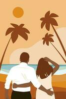 A loving couple embraces from the back. Husband and wife together on the background of the sea, palm trees on vacation. Abstract vector graphics, hand drawing.