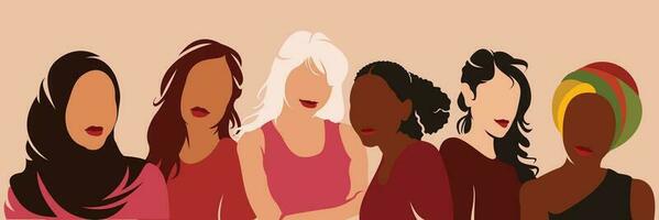 varios étnico mujer. un grupo de hermosa mujer con diferente belleza, pelo y piel color. el concepto de mujer, feminidad, diversidad, independencia y igualdad. vector ilustración.
