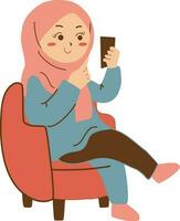 hijab mujer con teléfono inteligente en Sillón avatar personaje vector ilustración diseño