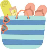 Beach bag with flip flops, sunglasses and sunscreen. Vector illustration