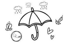 Simple umbrella outline cartoon drawing with rain drops above. Umbrella in the rain outline drawing. vector