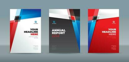 Modern square and triangle shape red, blue, black and white color theme, A4 sized book cover template for annual report, magazine, booklet, proposal, portfolio, brochure, poster, company profile vector