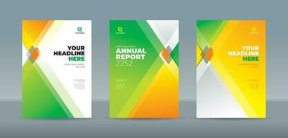 Modern square and triangle shape green, orange and white color theme, A4 sized book cover template for annual report, magazine, booklet, proposal, portfolio, brochure, poster, company profile vector