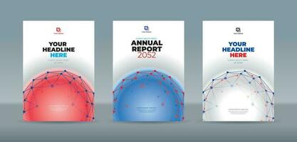 Random blue and red dots connected by lines form a red and blue polygonal globe on a white background. A4 size book cover template for annual report, background, banner, book, brochure, catalog vector