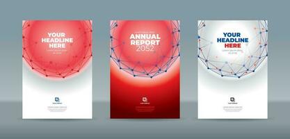 Random blue and red dots connected by lines form a red and blue polygonal globe on a red and white background. A4 size book cover template for annual report, background, banner, brochure, business vector