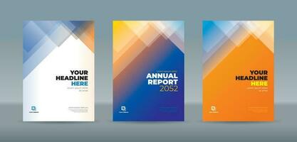 Stacked random triangles of transparent blue and orange colors. A4 size book cover template for annual report, magazine, booklet, proposal, portfolio, brochure, poster vector