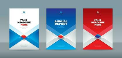 Modern square and triangle shape blue red and white color theme, A4 sized book cover template for annual report, magazine, booklet, proposal, portfolio, brochure, poster, company profile vector