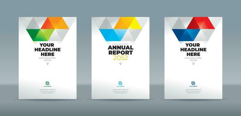 Blue, green, orange, yellow red and white abstract triangle on white background. A4 size book cover template for annual report, magazine, booklet, proposal, portfolio, brochure, poster