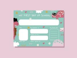 Hand drawn flat my first day of school template with cute dinosaurs. vector
