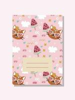 Hand-drawn notebook cover design. 1970s-style cute cat and watermelon pattern. vector