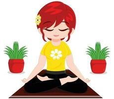 sentado meditación en loto yoga actitud - minimalista rojo peludo niña ilustración vector