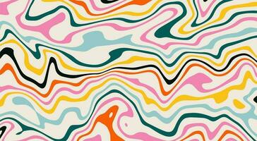 Abstract psychedelic groovy background. Colorful ripple waves on beige horizontal backdrop. Trippy distorted banner template in retro style of 70s-80s vaporwave vector