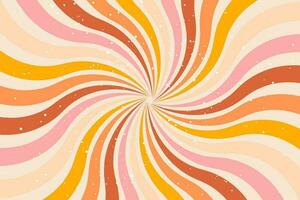 Groovy abstract background. Colourful twirl retro burst backdrop. Vintage banner template of 60-70s hippie style. Red, orange, yellow, beige and pink colors palette. Vector illustration.