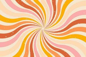 Groovy abstract background. Colourful twirl retro burst backdrop. Vintage banner template of 60-70s hippie style. Red, orange, yellow, beige and pink colors palette. Vector illustration.