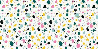 Abstract horizontal background with terrazzo seamless pattern. Random colorful small pieces on white backdrop. Hand drawn trendy vector illustrations. Creative funny collage