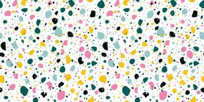 Abstract horizontal background with terrazzo seamless pattern. Random colorful small pieces on white backdrop. Hand drawn trendy vector illustrations. Creative funny collage