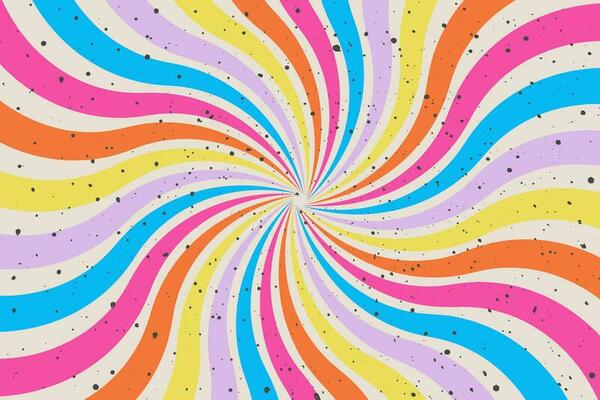 Abstract swirl background in groovy style. Vivid colorful backdrop. Retro sunburst vintage wallpaper. Vortex spiral twirl. Vector twisted design with spiral rays circus illustration for banner, poster