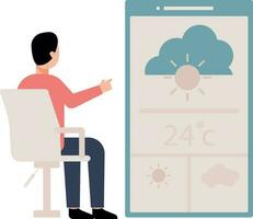 Boy checking weather forecast on mobile. vector