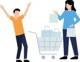 The boy is carrying a shopping trolley and the girl is carrying a shopping bag. vector