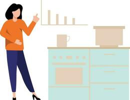 The girl is standing in the kitchen. vector