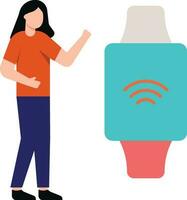 The girl is looking at the smart watch. vector