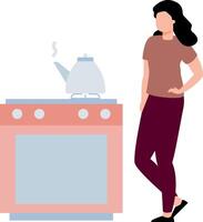 The girl is coming to check the kettle on the stove. vector