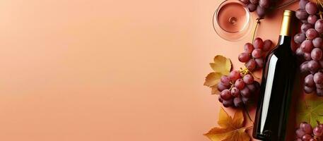 A bottle of wine and a glass of wine on a pink background created with Generative AI technology photo