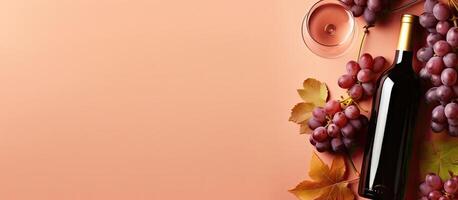 A bottle of wine and a glass of wine on a pink background created with technology photo