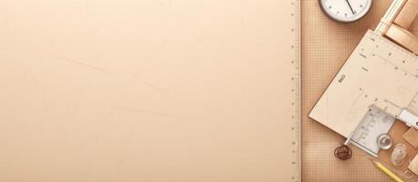 A desk with a ruler, a clock and a pencil created with technology photo
