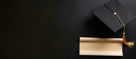 un graduación gorra y un oro borla en un negro antecedentes creado con generativo ai tecnología foto