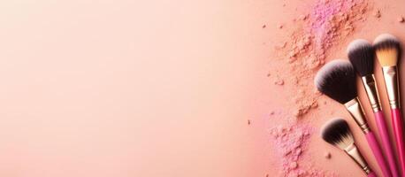 A group of makeup brushes sitting on top of a pink surface created with technology photo