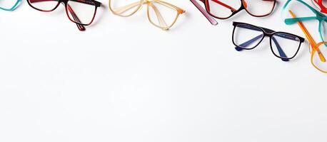 Five pairs of glasses lined up against a white background created with technology photo