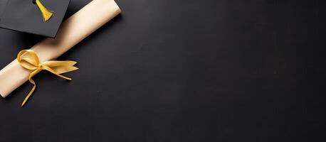 A graduation cap and diploma on a black background created with technology photo