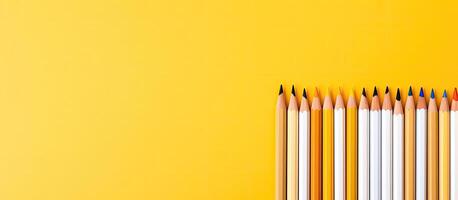 A row of colored pencils on a yellow background created with Generative AI technology photo