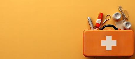 An orange first aid kit with scissors and other medical supplies created with technology photo