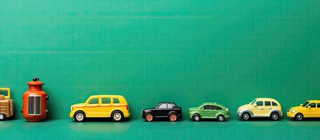 A row of toy cars sitting next to each other created with Generative AI technology photo