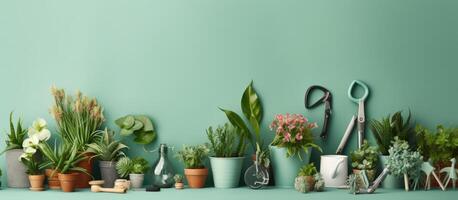 A row of potted plants sitting on top of a table created with Generative AI technology photo