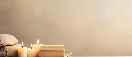 A stack of books sitting on top of a table next to a candle created with Generative AI technology photo