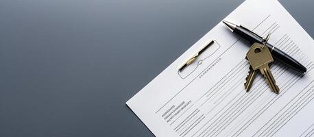 A pen sitting on top of a piece of paper next to a pair of keys created with technology photo